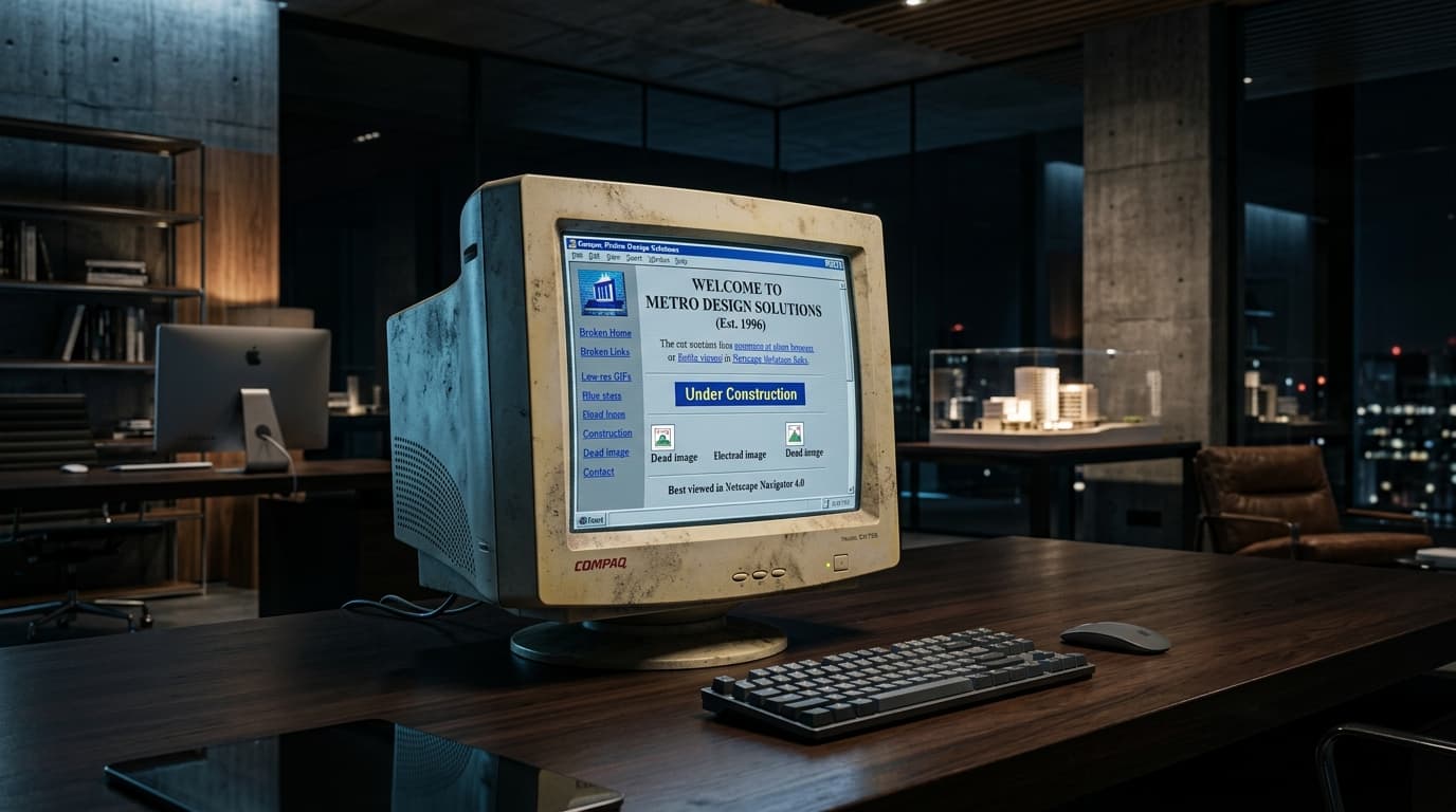Outdated 90s CRT Monitor Showing Unformatted Website Next to Executive Fountain Pen