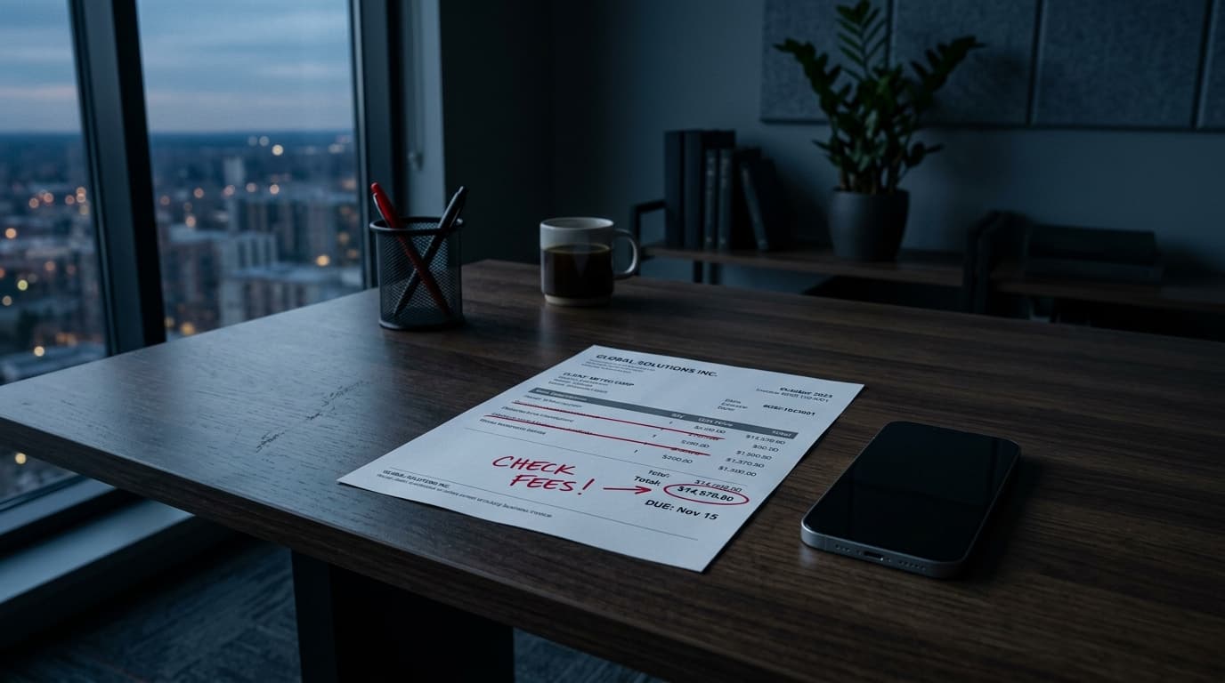 Executive Law Partner Desk with Signed Retainer Agreement and Consultation Fee Terms